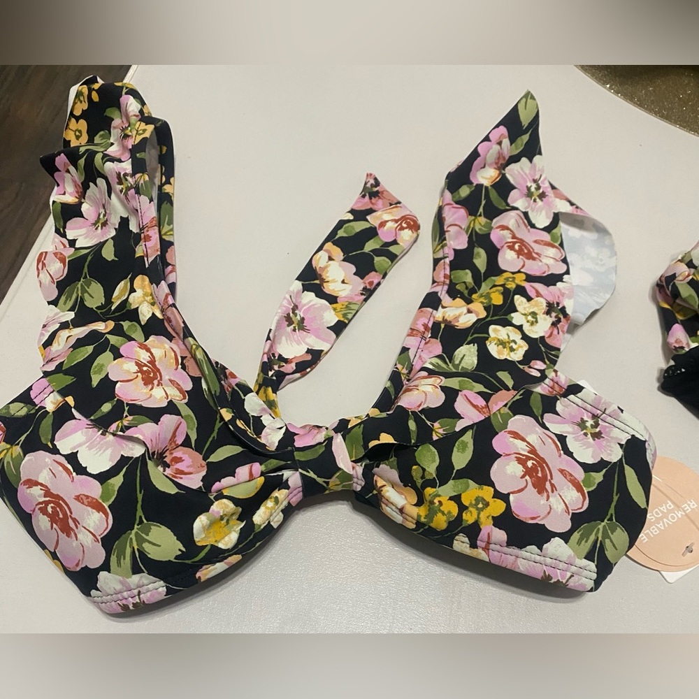 GB girls Black and Pink Floral Bikini Top